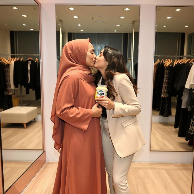 A romantic and playful moment between two women in a fashionable changing room, where one woman is elegantly dressed in a flowing abaya with a hijab, while the other is stylishly attired