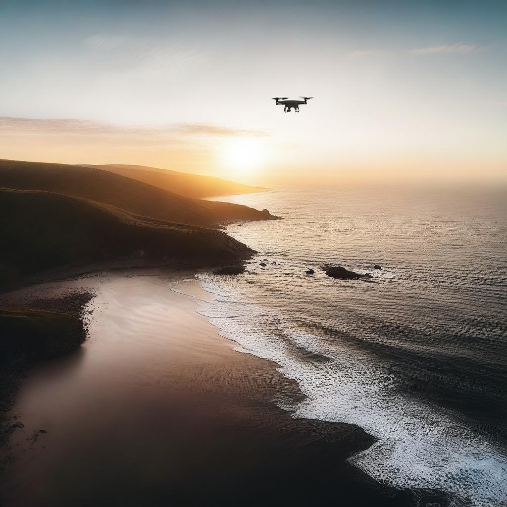 A high-quality, cinematic drone camera shot capturing a warm sunrise over a misty sea, creating a serene and tranquil atmosphere