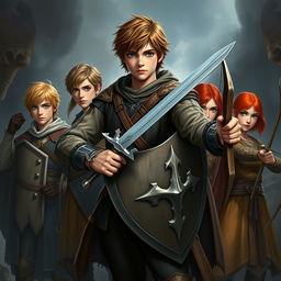 A realistic and immersive fantasy scene depicting a tall teen male protagonist with brown hair and striking blue eyes, confidently wielding a single sword in a strong, heroic stance