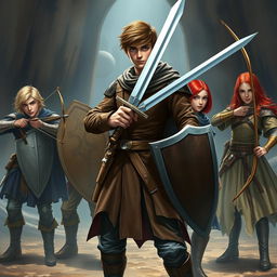 A realistic and immersive fantasy scene depicting a tall teen male protagonist with brown hair and striking blue eyes, confidently wielding a single sword in a strong, heroic stance