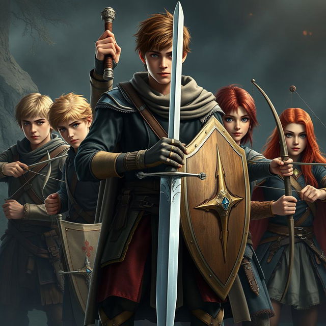 A realistic and immersive fantasy scene depicting a tall teen male protagonist with brown hair and striking blue eyes, confidently wielding a single sword in a strong, heroic stance