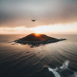 A high-quality, cinematic drone camera shot capturing a warm sunrise over a misty sea, creating a serene and tranquil atmosphere