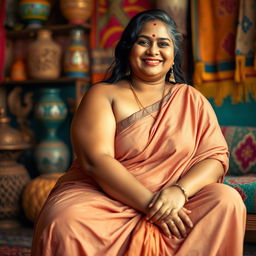 A plus-size Indian woman with beautiful curves sitting gracefully