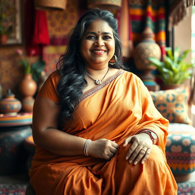 A plus-size Indian woman with beautiful curves sitting gracefully