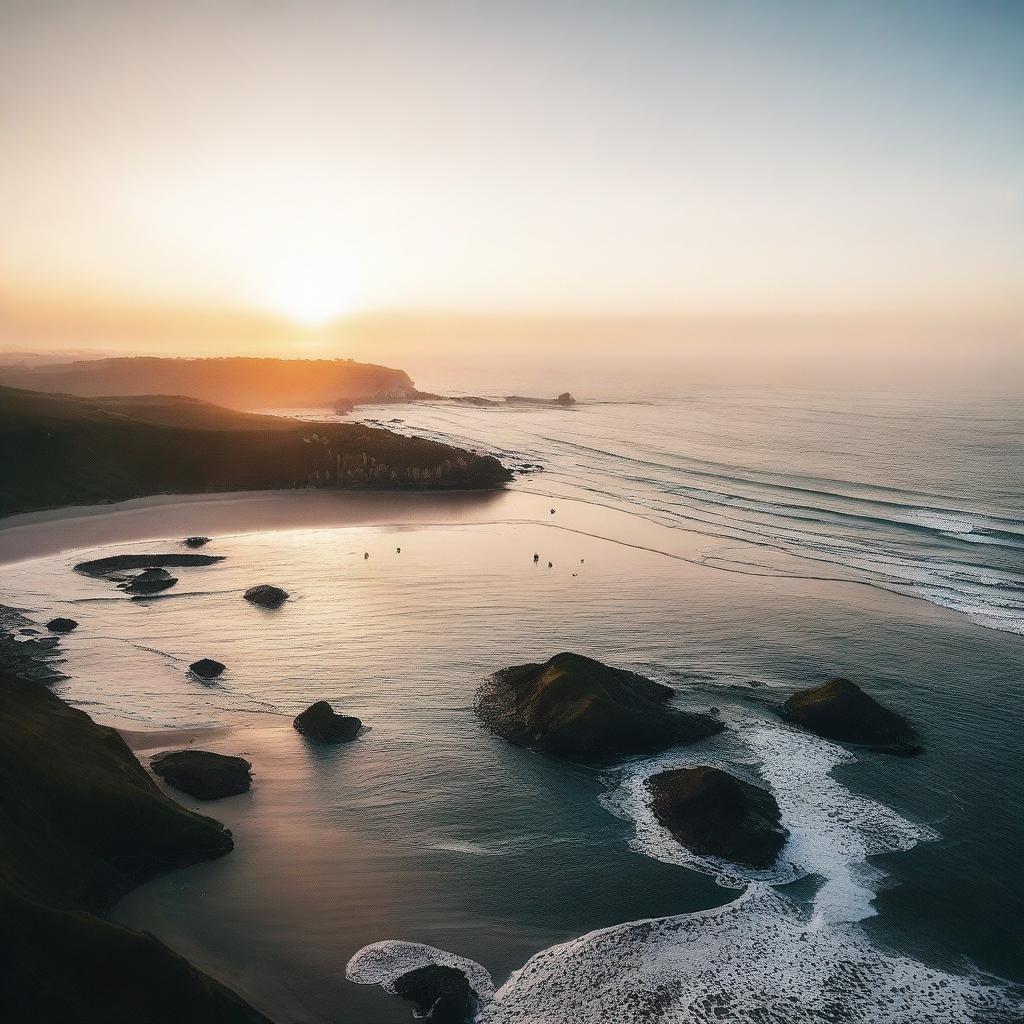 A high-quality, cinematic drone camera shot capturing a warm sunrise over a misty sea, creating a serene and tranquil atmosphere