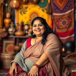 A plus-size Indian woman with beautiful curves sitting gracefully