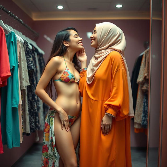 A playful and affectionate scene depicting two women in a vibrant changing room, where one woman is wearing a colorful swimsuit while the other, stylishly draped in a flowing abaya and hijab, leans in for a loving kiss