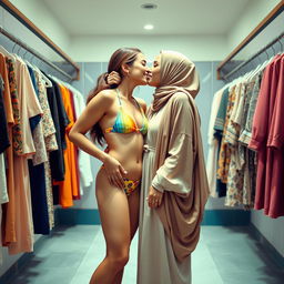 A playful and affectionate scene depicting two women in a vibrant changing room, where one woman is wearing a colorful swimsuit while the other, stylishly draped in a flowing abaya and hijab, leans in for a loving kiss