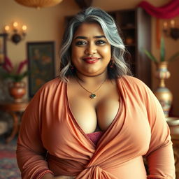 A plus-size Indian woman with a confident demeanor, showcasing her natural beauty
