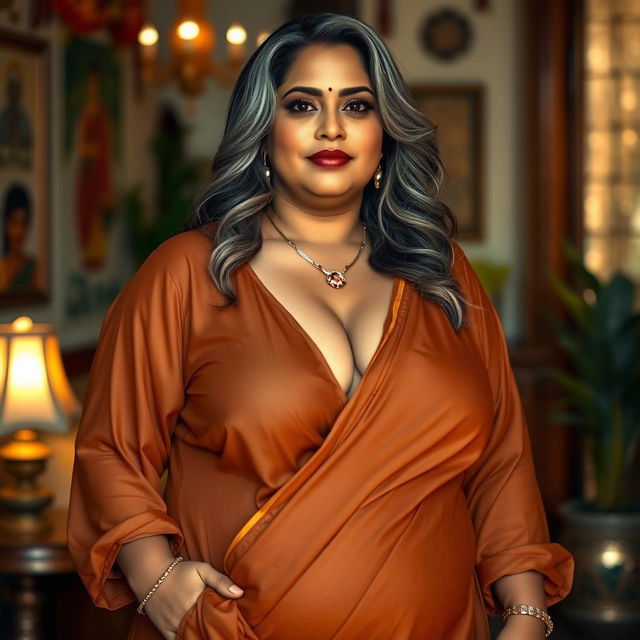 A plus-size Indian woman with a confident demeanor, showcasing her natural beauty