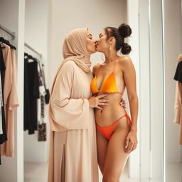 A tender and loving moment shared between two women in a bright and stylish changing room