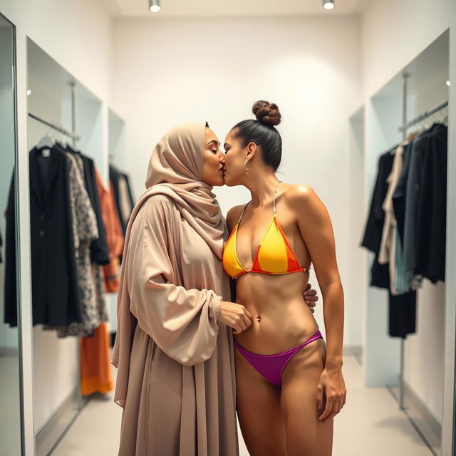 A tender and loving moment shared between two women in a bright and stylish changing room