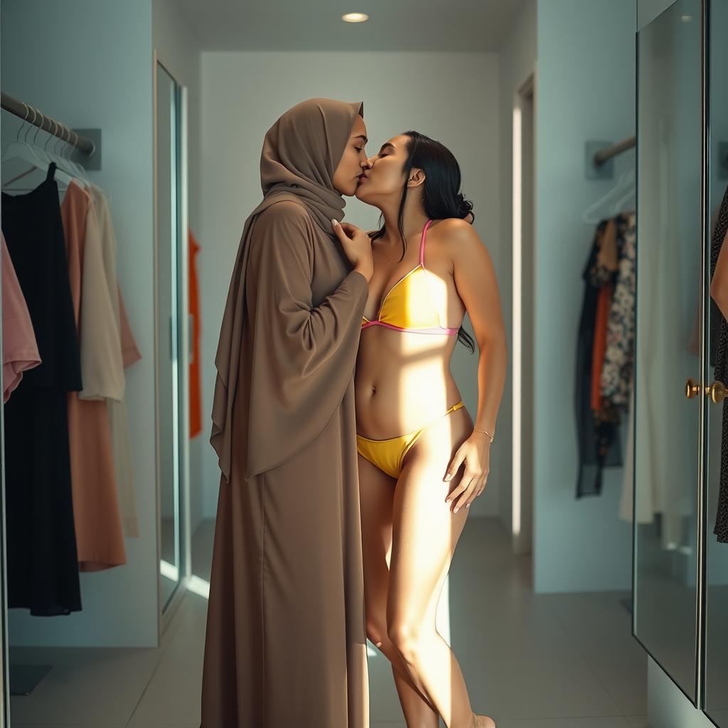 A tender and loving moment shared between two women in a bright and stylish changing room