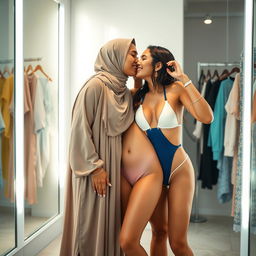A tender and loving moment shared between two women in a bright and stylish changing room