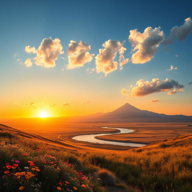 A breathtaking landscape depicting a new horizon, with a vibrant sunrise casting golden and orange hues across a vast, rolling terrain