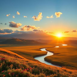 A breathtaking landscape depicting a new horizon, with a vibrant sunrise casting golden and orange hues across a vast, rolling terrain