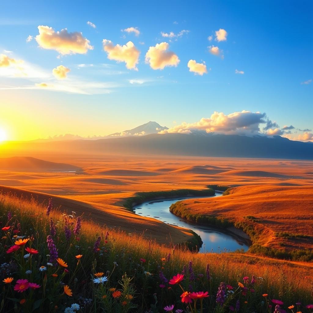 A breathtaking landscape depicting a new horizon, with a vibrant sunrise casting golden and orange hues across a vast, rolling terrain