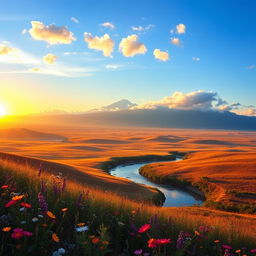 A breathtaking landscape depicting a new horizon, with a vibrant sunrise casting golden and orange hues across a vast, rolling terrain