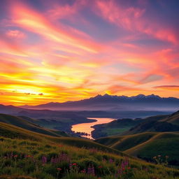 A breathtaking landscape showcasing a new horizon at dawn, with vibrant colors accentuating the sky in shades of orange, pink, and purple