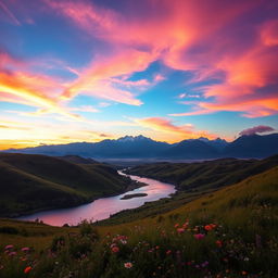 A breathtaking landscape showcasing a new horizon at dawn, with vibrant colors accentuating the sky in shades of orange, pink, and purple