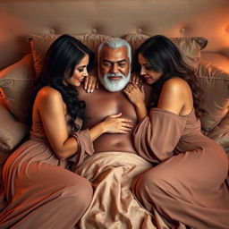 A passionate scene featuring two women on either side of a man with a white short beard and black short hair