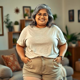 A plus-size Indian mature woman with a confident and charming demeanor