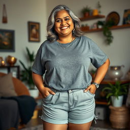A plus-size Indian mature woman with a confident and charming demeanor