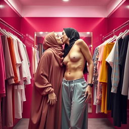 A vibrant and affectionate scene in a stylish changing room featuring two women
