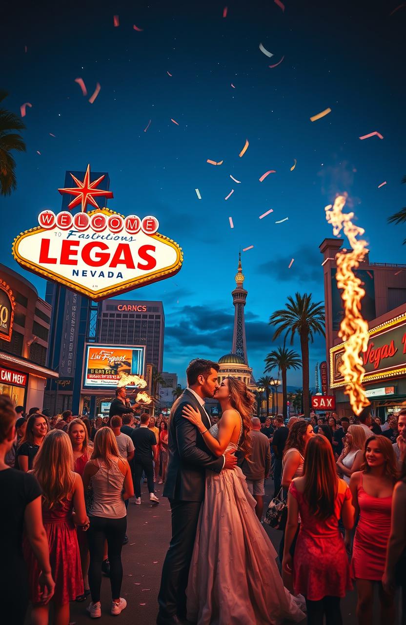 A vibrant and dynamic scene depicting romantic chaos in Las Vegas at night