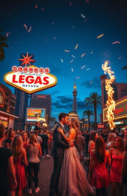 A vibrant and dynamic scene depicting romantic chaos in Las Vegas at night