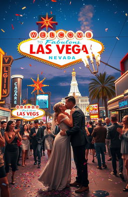A vibrant and dynamic scene depicting romantic chaos in Las Vegas at night