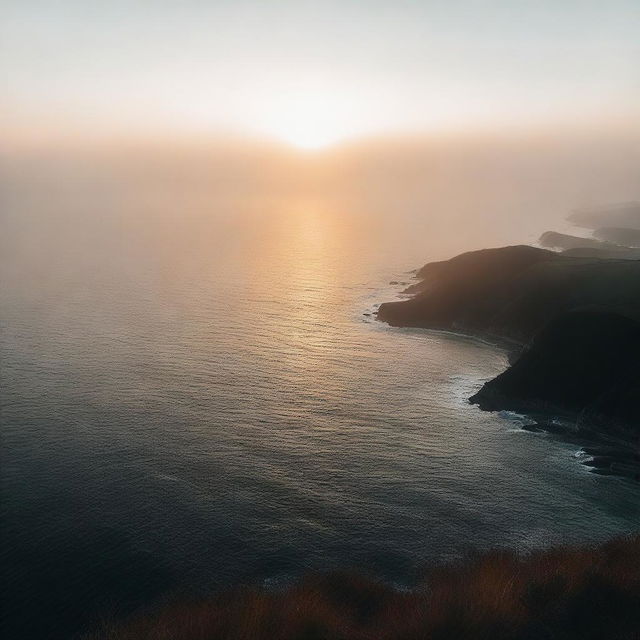 A high-quality, cinematic image capturing a serene sunrise over a foggy sea, taken from an elevated viewpoint.