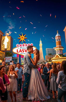 A vibrant and dynamic scene depicting romantic chaos in Las Vegas at night