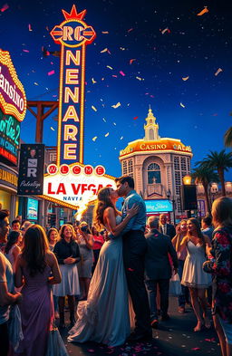 A vibrant and dynamic scene depicting romantic chaos in Las Vegas at night