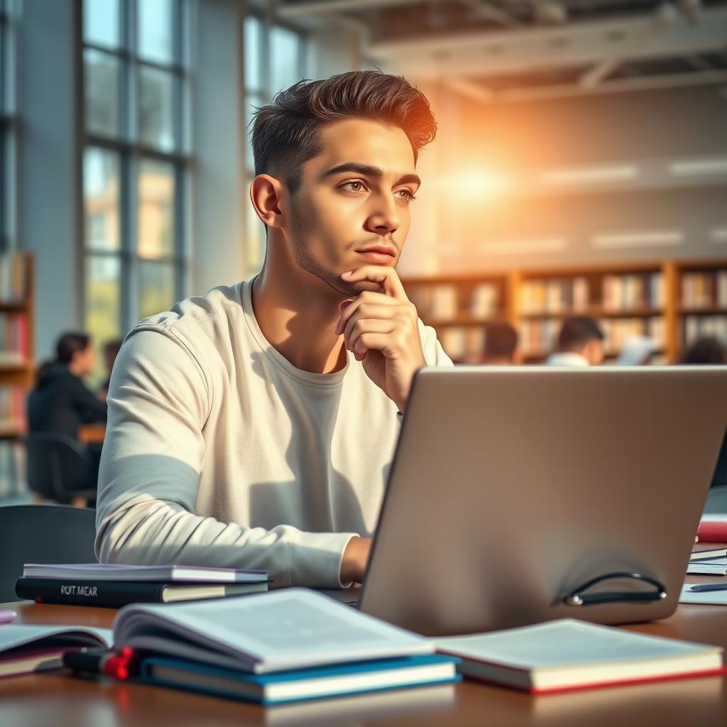 A determined young man in a modern university setting, deep in thought while studying at a library table surrounded by textbooks and notes