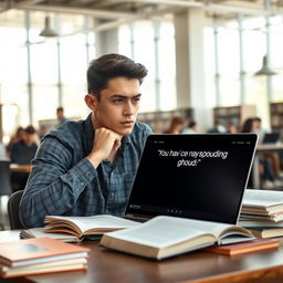 A determined young man in a modern university setting, deep in thought while studying at a library table surrounded by textbooks and notes