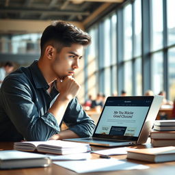 A determined young man in a modern university setting, deep in thought while studying at a library table surrounded by textbooks and notes