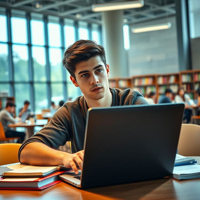 A determined young man in a modern university setting, deep in thought while studying at a library table surrounded by textbooks and notes