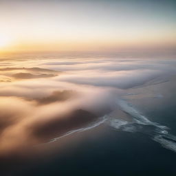 A high-quality, cinematic image capturing a serene sunrise over a foggy sea, taken from an elevated viewpoint.