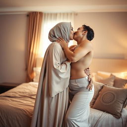 A romantic and intimate scene set in a cozy bedroom, featuring two women in a loving embrace