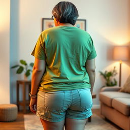 A plus-size Indian mature housewife with a few tasteful grey hairs, portrayed from behind in a casual setting