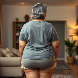 A plus-size Indian mature housewife with a few tasteful grey hairs, portrayed from behind in a casual setting