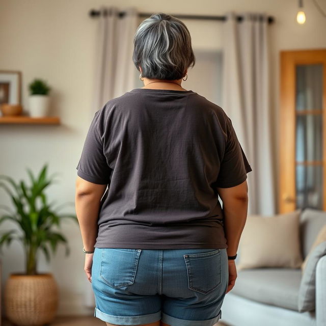 A plus-size Indian mature housewife with a few tasteful grey hairs, portrayed from behind in a casual setting