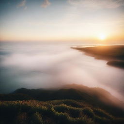 A high-quality, cinematic image capturing a serene sunrise over a foggy sea, taken from an elevated viewpoint.