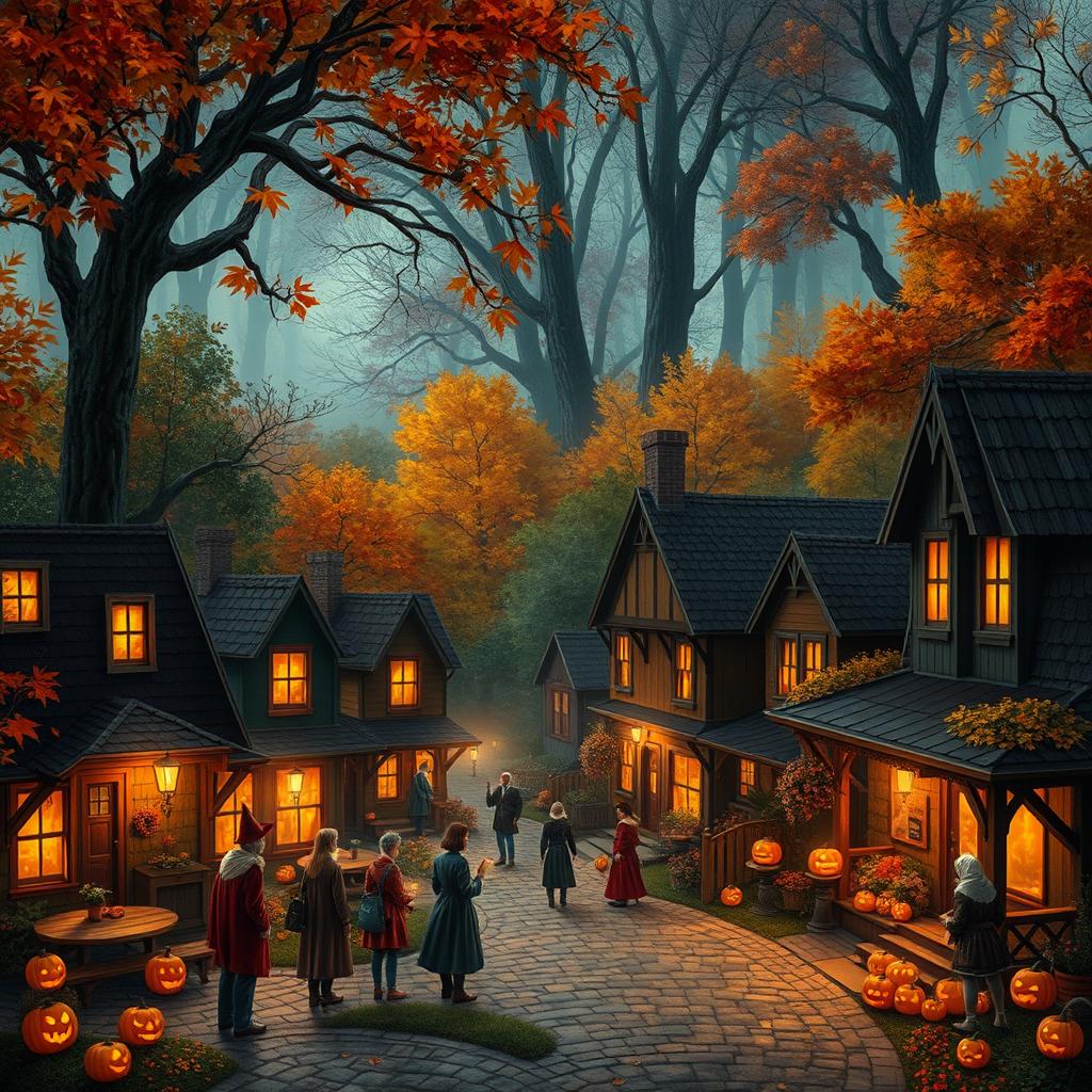 A small, quaint town named Orchard, surrounded by dense, ancient woods during Halloween