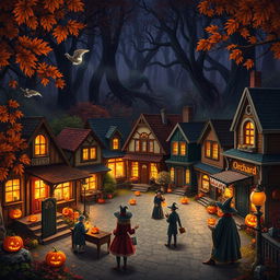 A small, quaint town named Orchard, surrounded by dense, ancient woods during Halloween