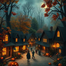 A small, quaint town named Orchard, surrounded by dense, ancient woods during Halloween