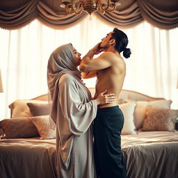 A romantic and intimate scene set in a beautifully decorated bedroom, featuring two women in a loving embrace