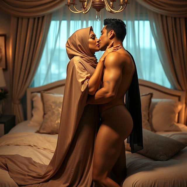 A romantic and intimate scene set in a beautifully decorated bedroom, featuring two women in a loving embrace