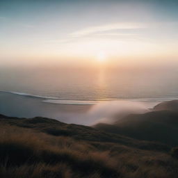 A high-quality, cinematic image capturing a serene sunrise over a foggy sea, taken from an elevated viewpoint.